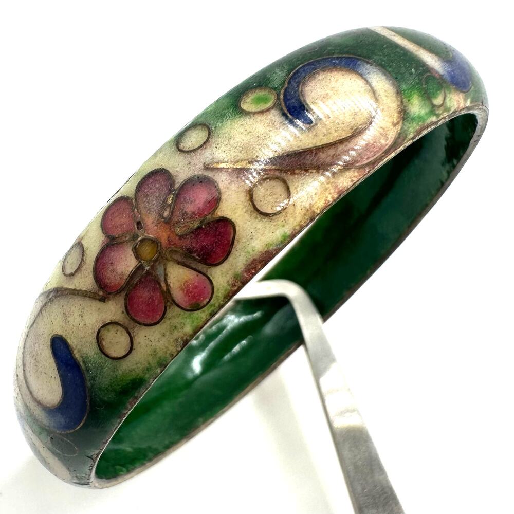Vintage gold cloisonné enamel cream pink green florals flowers bangle bracelet
